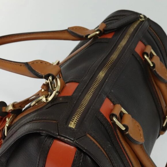 BURBERRY Hand Bag Leather 2way Dark Brown Gold Auth 114741 - Picture 7 of 16